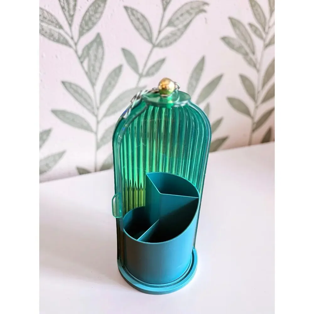 Makeup Brush Holder w Dustproof Cover 360 Rotating Green Makeup Organizer